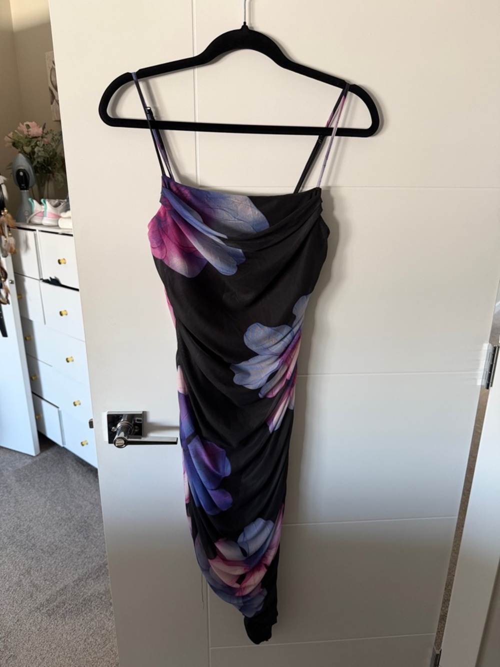 Black Floral Slip Dress with Pink & Purple Accents